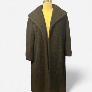 Vtg 50s Boucle Wool Coat Open Front Wide Shawl Collar Swing Women M L Hollywood